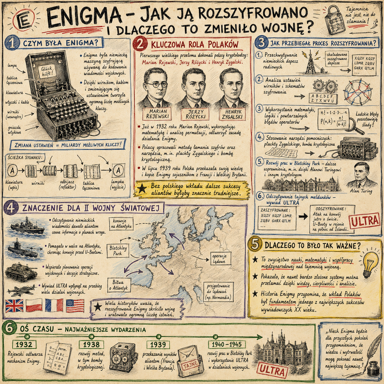 Wojskowa maszyna szyfrująca Enigma z widoczną klawiaturą, wirnikami i łącznicą wtyczkową